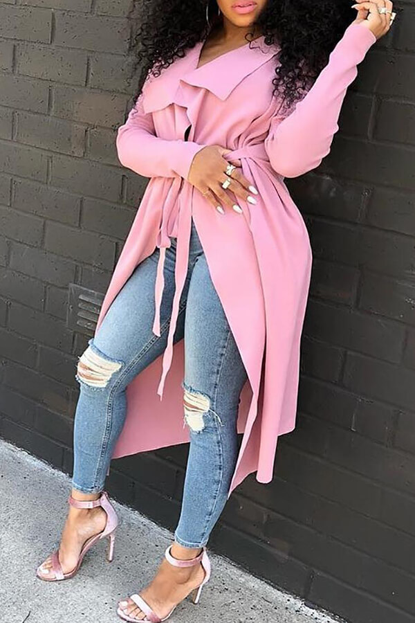 

Lovely Casual Lace-up Light Pink Trench Coat