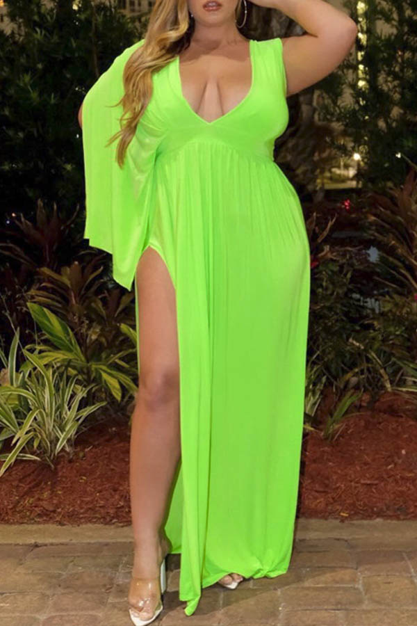 

Lovely Stylish Side High Slit Green Maxi Plus Size Dress