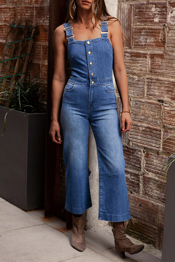 

Lovely Casual Buttons Design Blue One-piece Jumpsuit