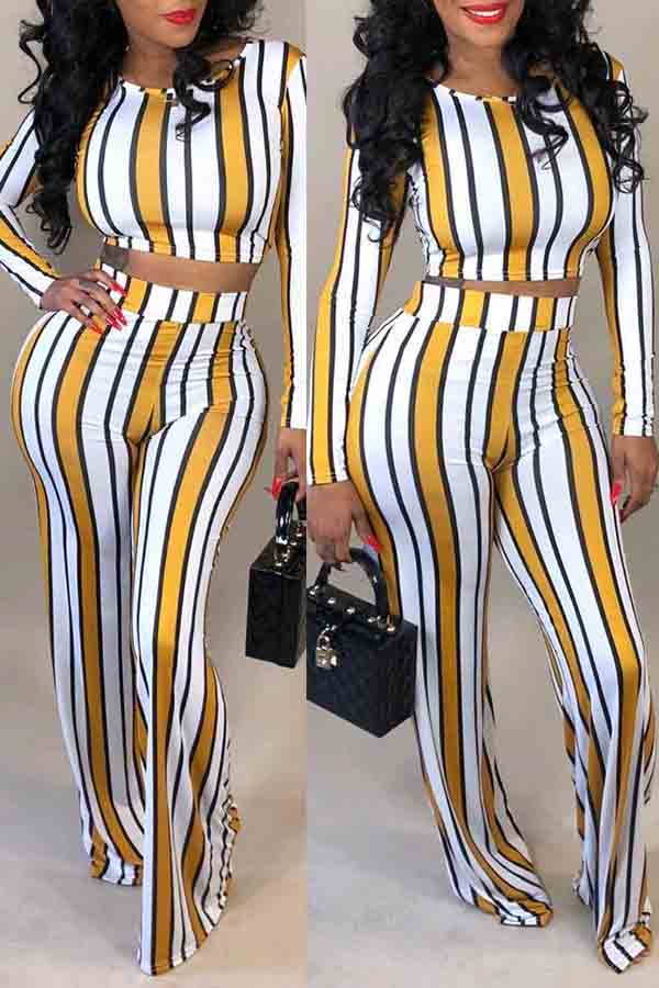 Cheap Two-piece Pants Set Lovely Stylish O Neck Striped Yellow Two-pie