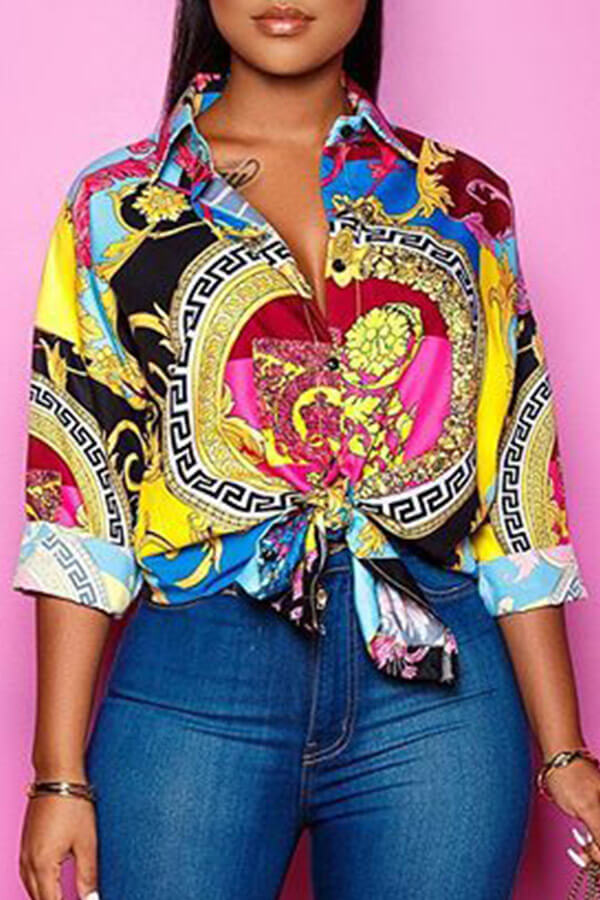 

Lovely Work Turndown Collar Print Yellow Blouse
