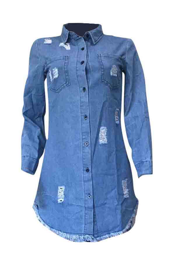 Lovely Casual Turndown Collar Tassel Design Blue Mini Dress от Lovelywholesale WW