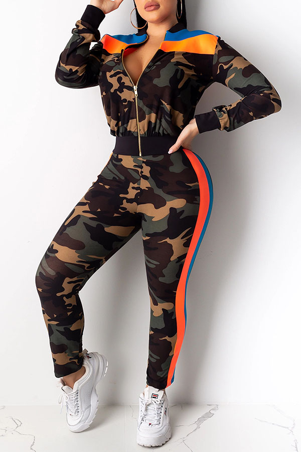 Lovely Casual Mandarin Collar Camouflage Printed Army Green Two-piece Pants Set