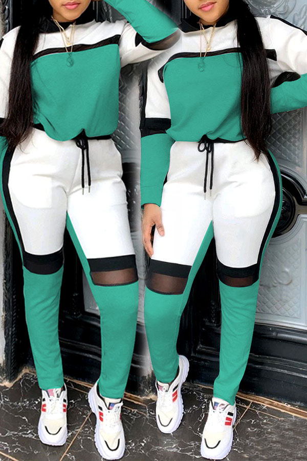 

Lovely Sportswear Hooded Collar Patchwork Onion Green Two-piece Pants Set