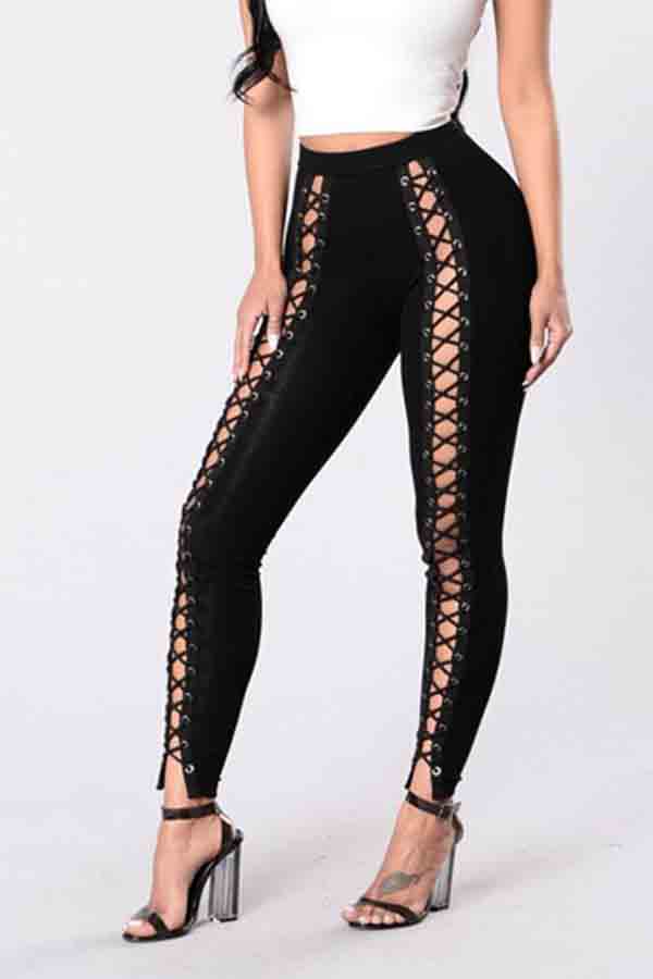 

Lovely Trendy Bandage Design Hollow-out Black Jeans