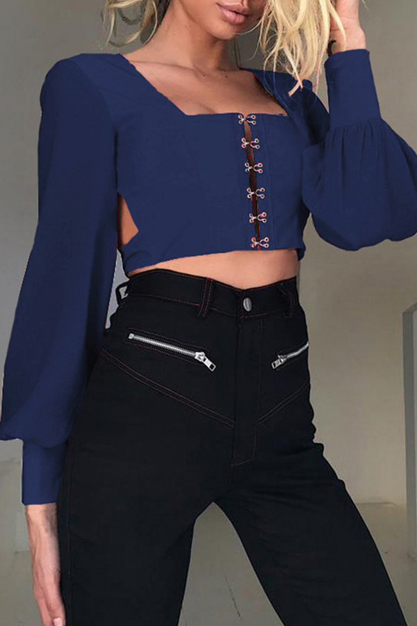 

Lovely Trendy Hollow-out Backless Blue Blouse