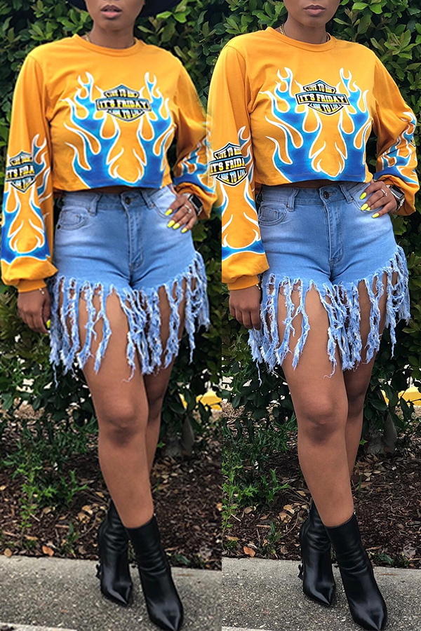 

Lovely Casual Printed Yellow Sweatshirt Hoodie