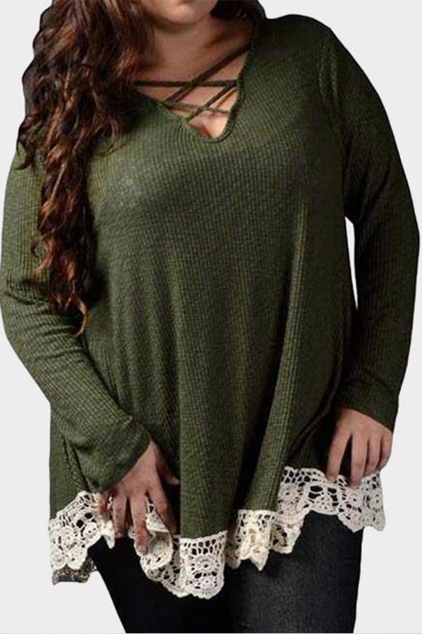 

Lovely Casual Patchwork Hollow-out Green Plus Size Blouse