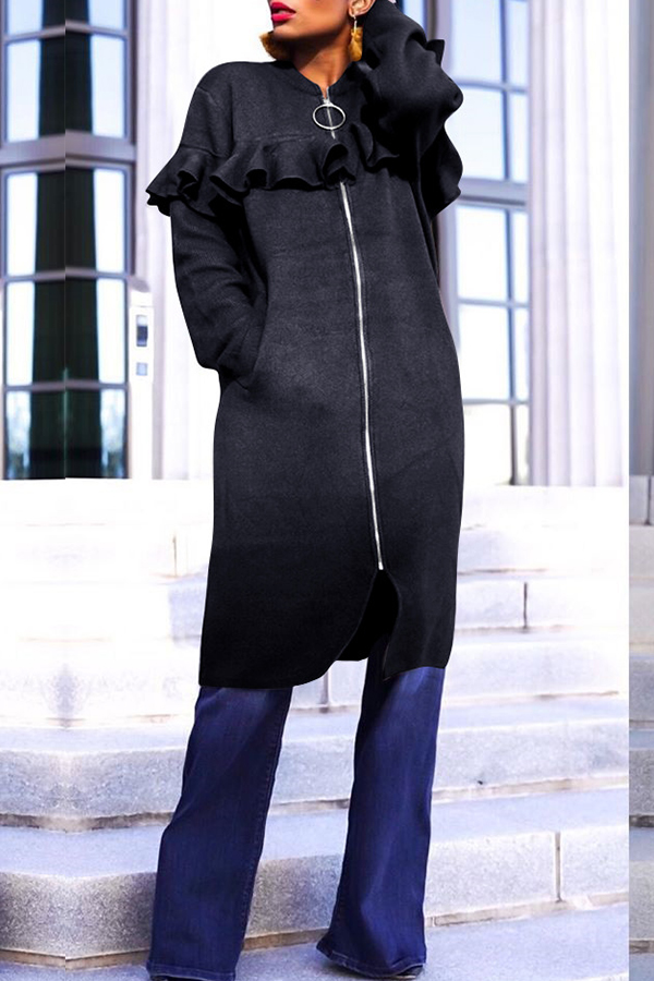 

Lovely Casual Flounce Design Black Coat