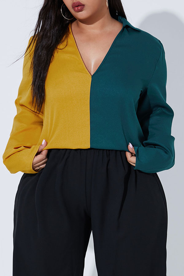 

Lovely Casual Patchwork Green Plus Size Blouse