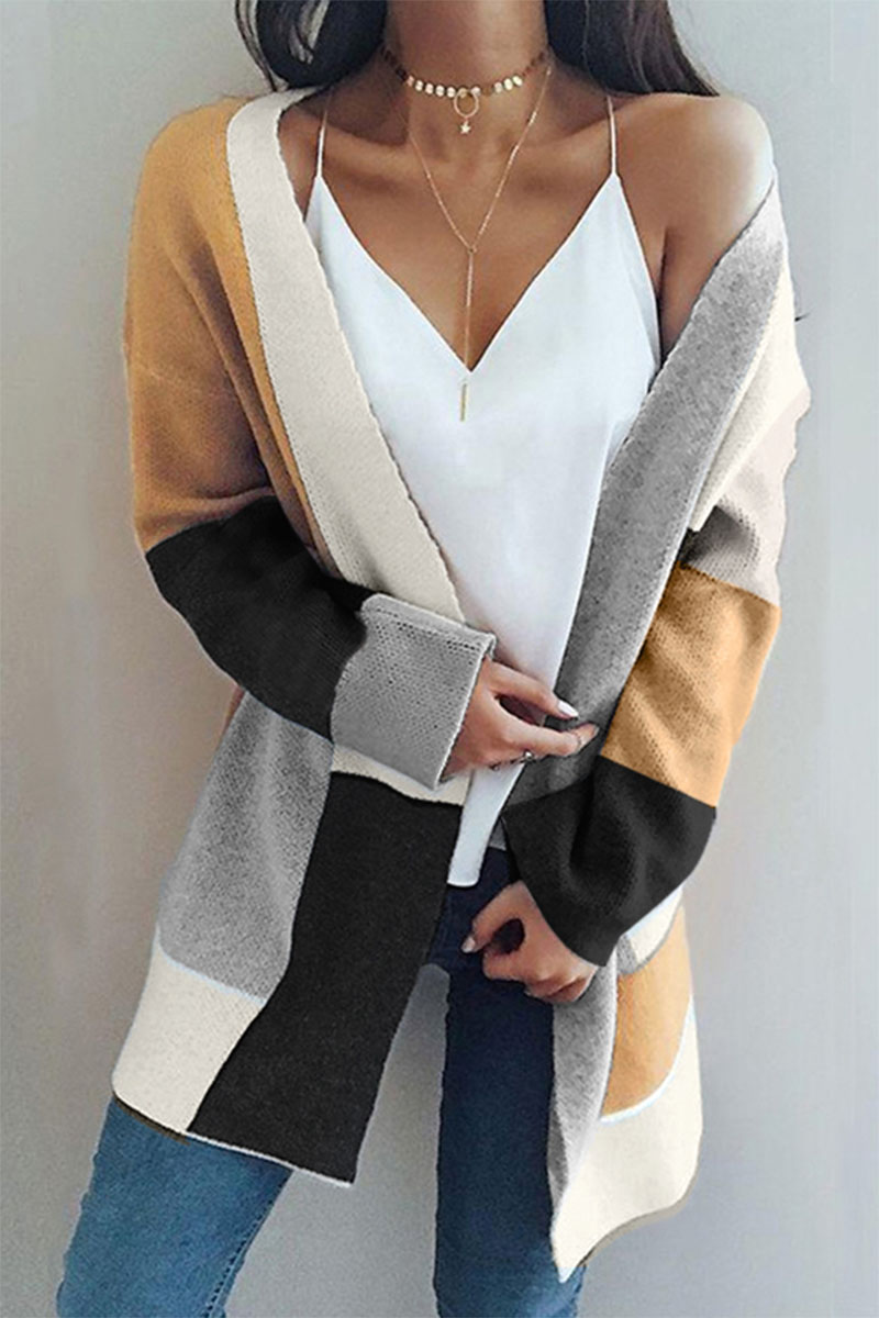 Lovely Casual Patchwork Long Light Tan Cardigan