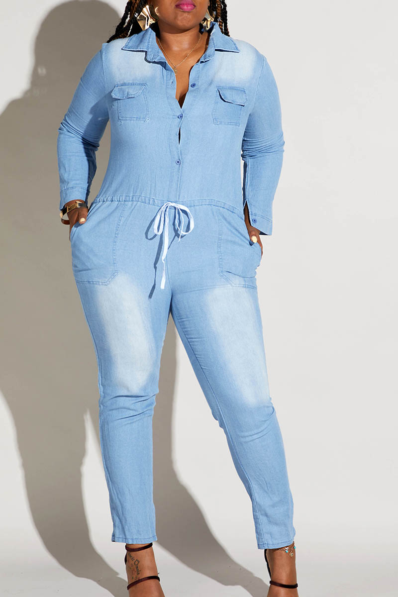 

Lovely Casual Turndown Collar Blue Plus Size One-piece Jumpsuit