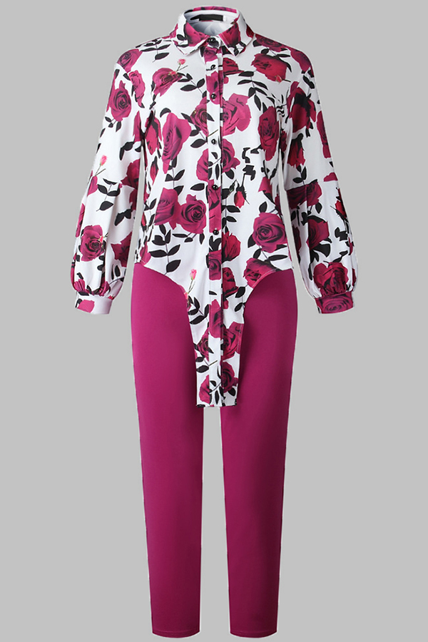 Lovely Casual Floral Printed Rose Red Plus Size Two-piece Pants Set
