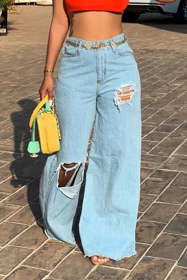 

Lovely Casual Hollow-out Baby Blue Jeans