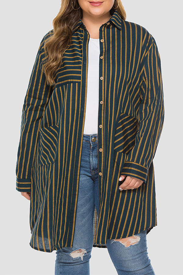 

Lovely Casual Striped Blackish Green Plus Size Coat, Black green