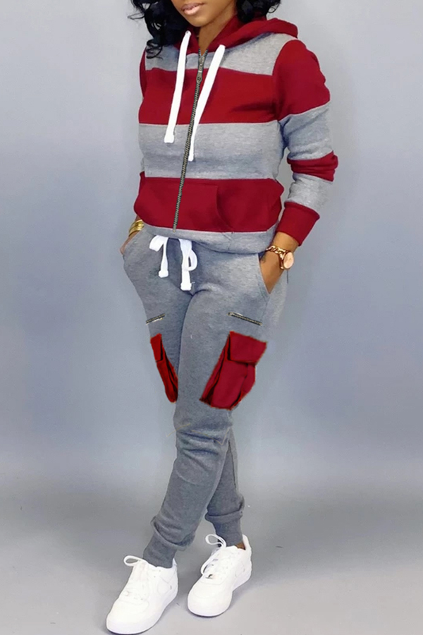 

Lovely Casual Hooded Collar Patchwork Grey Two-piece Pants Set
