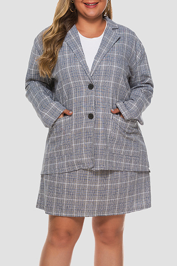 

Lovely Trendy Turndown Collar Grid Printed Grey Plus Size Two-piece Skirt Set