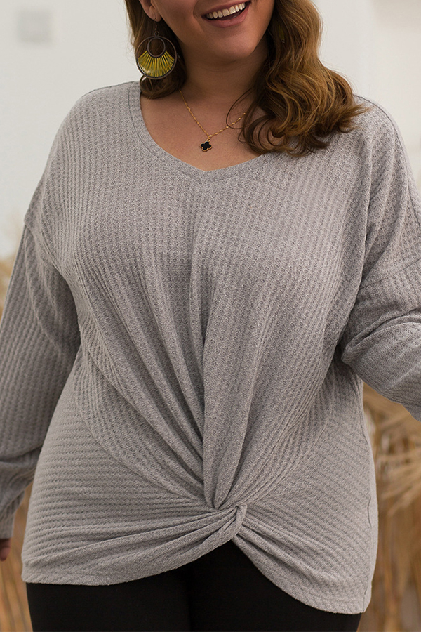 

Lovely Casual V Neck Cross-over Design Grey Plus Size Sweater