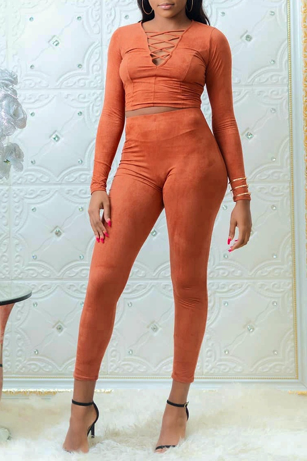 

Lovely Casual V Neck Skinny Jacinth Two-piece Pants Set