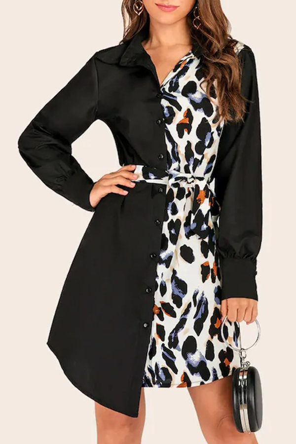 

Lovely Casual Asymmetrical Patchwork Leopard Printed Knee Length Dress