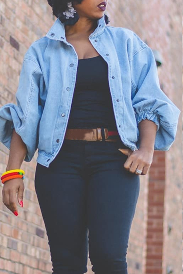 Lovely Trendy Turndown Collar Buttons Design Blue Jacket
