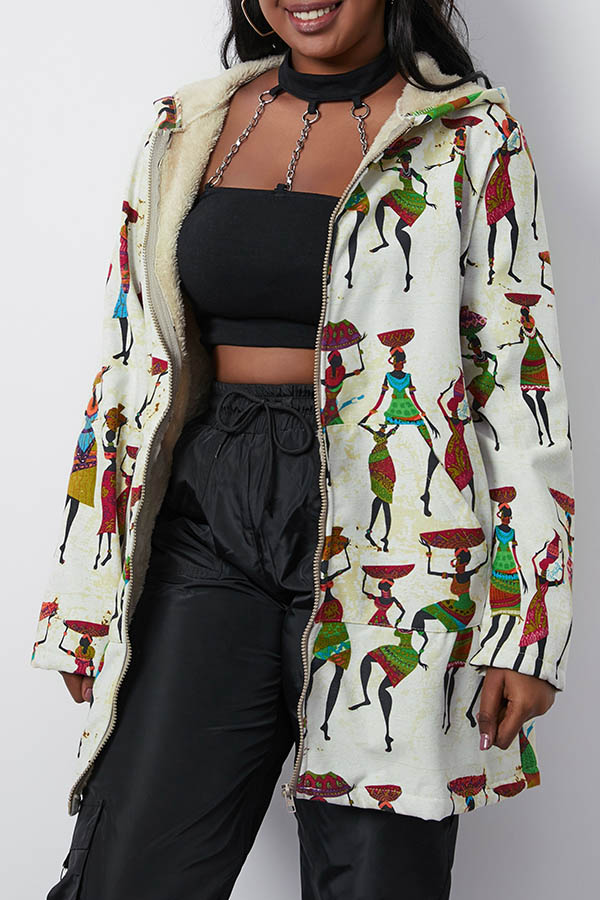 

Lovely Leisure Hooded Collar Printed White Coat