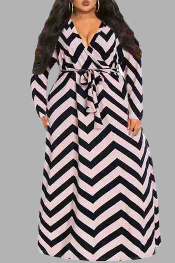 

Lovely Casual V Neck Striped Printed Floor Length Plus Size Dress, Stripe