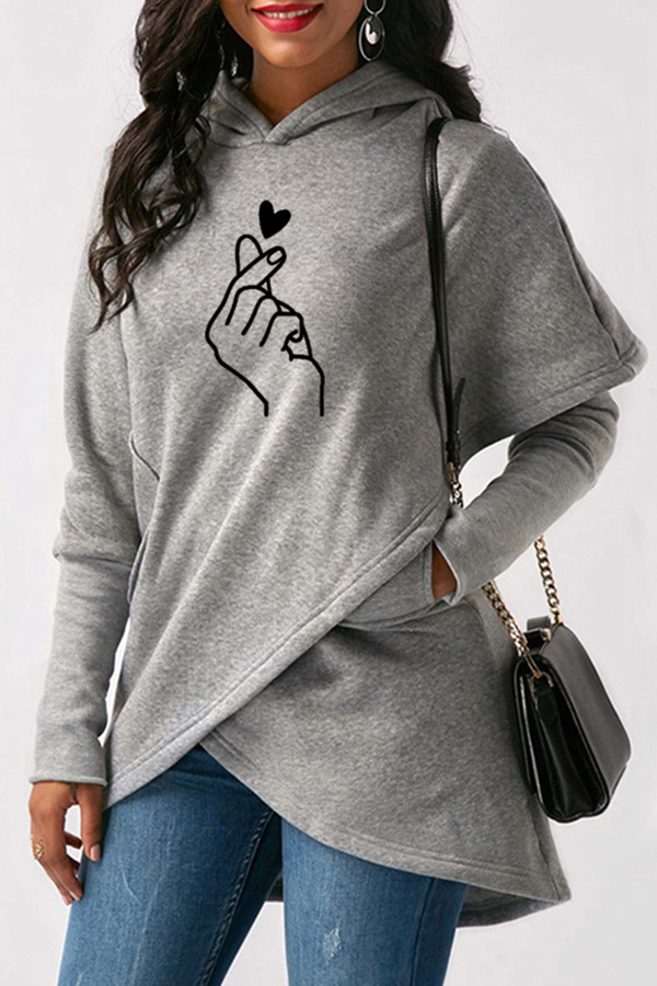 Cheap Hoodies Lovely Casual Hooded Collar Cross-over Design Grey Hoodi