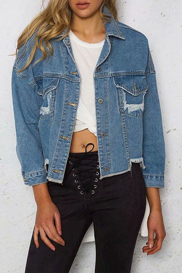 

Lovely Casual Raw Edge Blue Denim Coat