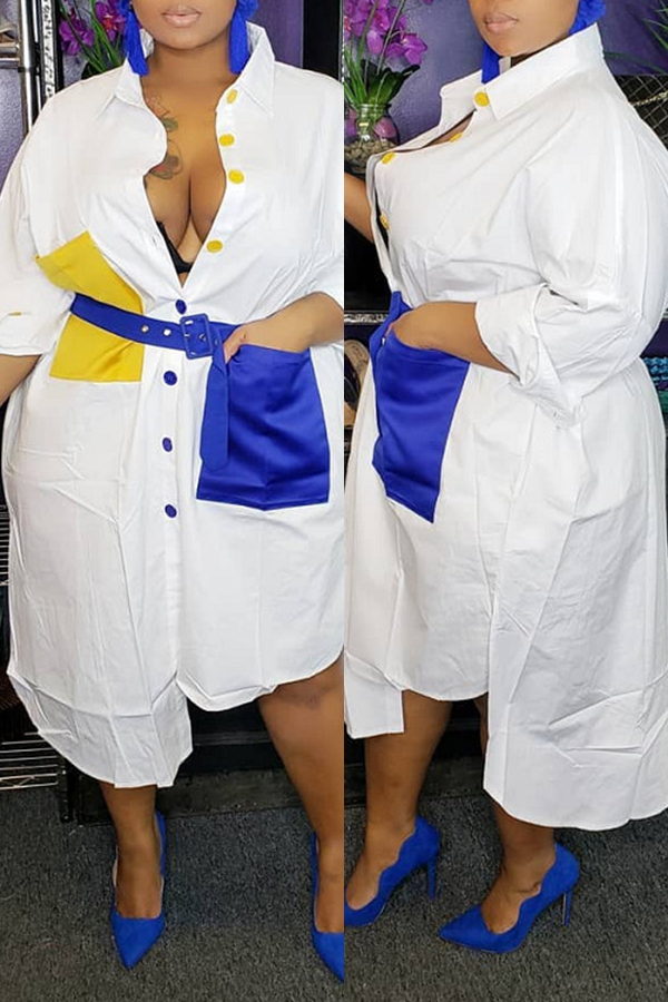 

Lovely Casual Color-lump Patchwork White Mid Calf Plus Size Dress