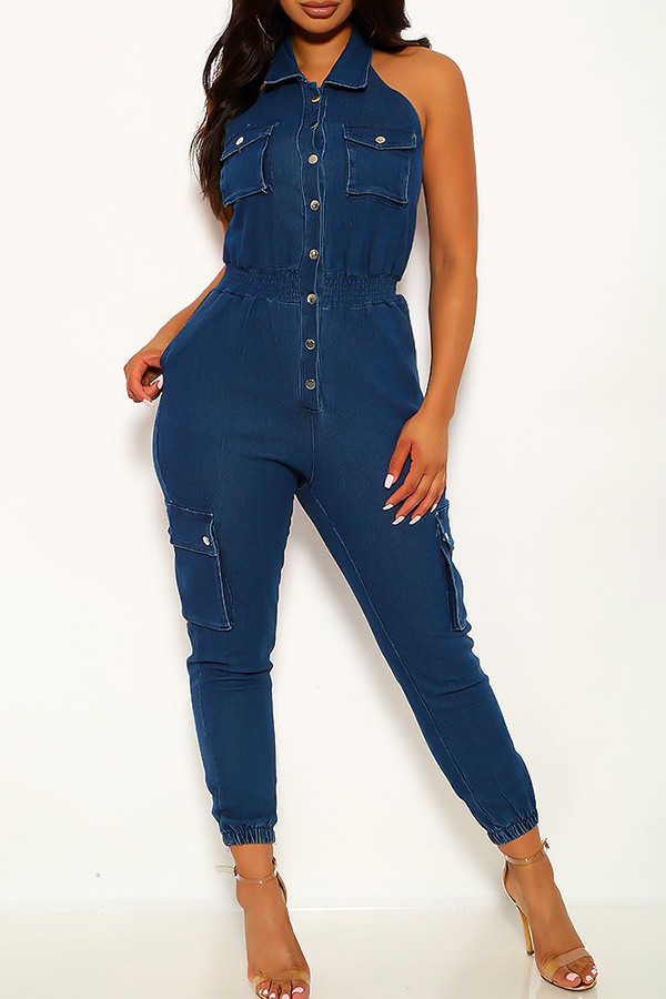 

Lovely Trendy Buttons Design Blue One-piece Jumpsuit