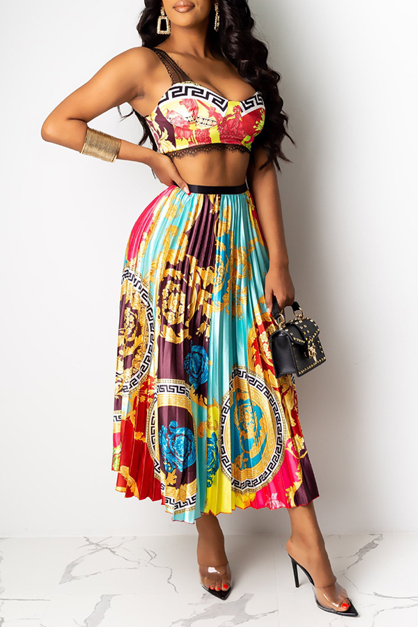 

Lovely Trendy Ruffle Design Multicolor Two-piece Skirt Set, Multi