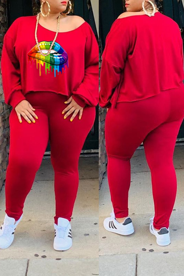 

Lovely Casual Lip Printed Red Plus Size Two-piece Pants Set
