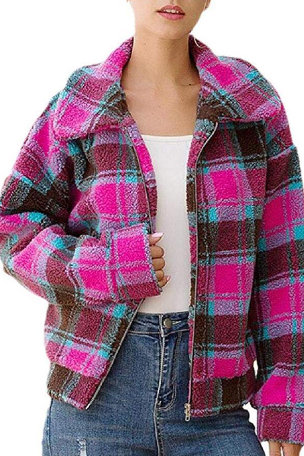 

Lovely Casual Grid Rose Red Coat