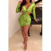 Lovely Sexy Hollow-out Printed Green Mini Dress