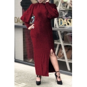 Lovely Casual Lantern Sleeves Side Slit Wine Red A