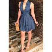 LW Casual Turndown Collar Ruffle Design Blue Mini 