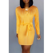 Lovely Casual Striped Yellow Mini Dress