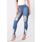 Lovely Leisure Broken Holes Deep Blue Jeans