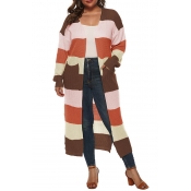 Lovely Casual Patchwork Brown Plus Size Cardigan