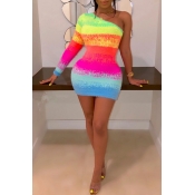 Lovely Casual One Shoulder Multicolor Mini Dress