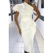 Lovely Trendy One Shoulder White Mid Calf Dress