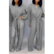 Lovely Casual O Neck Knot Design Grey Two-piece Pa