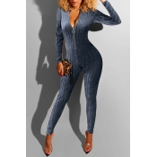 Lovely Casual Zipper Striped Blue One-piece Jumpsu
