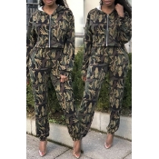 Lovely Street Hooded Collar Camouflage Printed Two