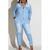 Lovely Casual Turndown Collar Blue Plus Size One-p