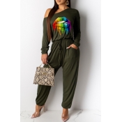 Lovely Casual Lip Printed Green One-piece Jumpsuit