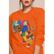 Lovely Casual Printed Orange Sweatshirt Hoodie