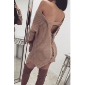 Lovely Casual Backless Khaki Mini Dress
