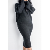 Lovely Casual Turtleneck Black Two-piece Skirt Set